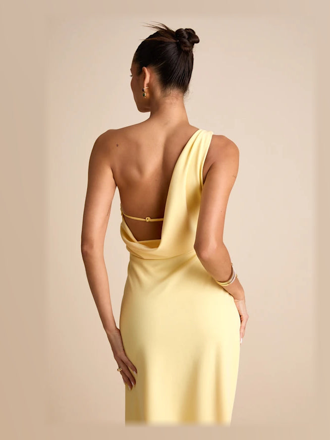 Light Yellow Cowl Neck Column Maxi Satin Formal Dress for Formal Evening