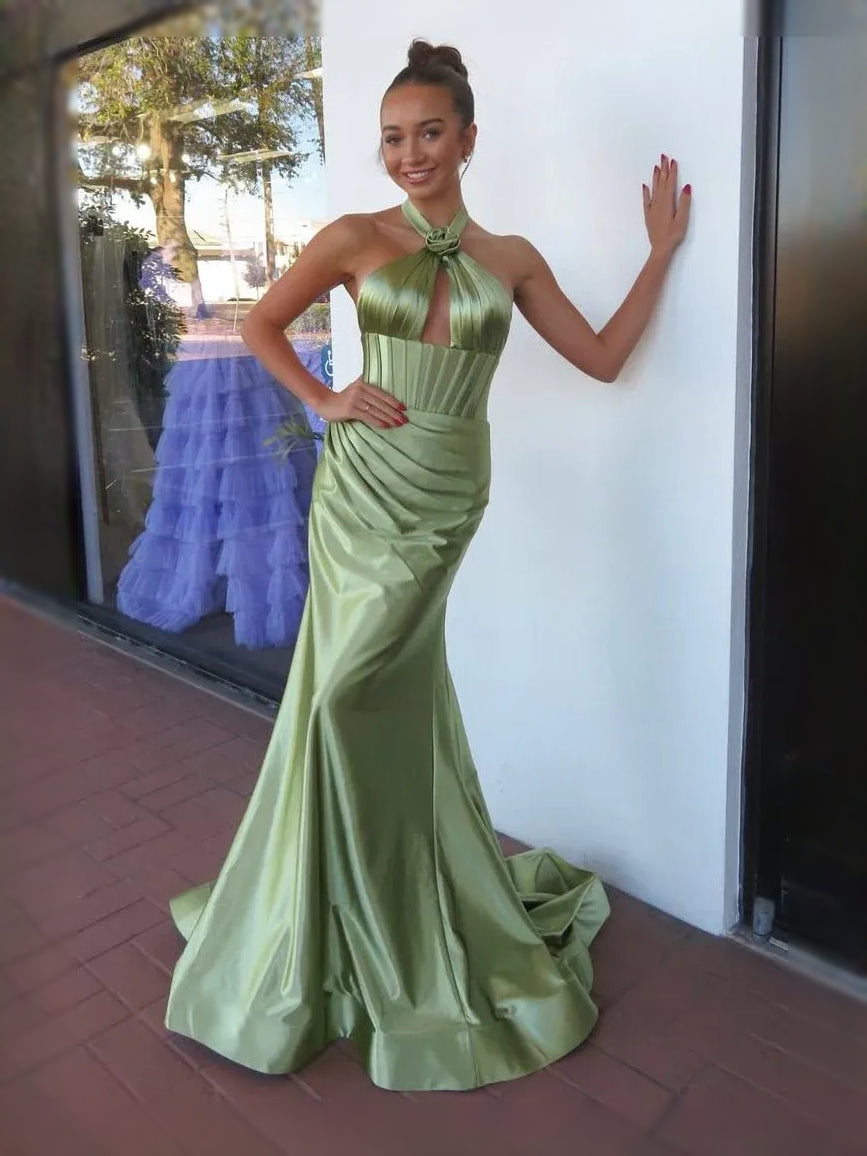 Sage Green Ruched Draped Backless Halter Neck Mermaid Maxi Satin Prom Dress for Formal Dance