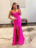 Hot Pink Ruched Draped Slit Backless Square Neck Mermaid Maxi Satin Prom Dress for Red Carpet Event