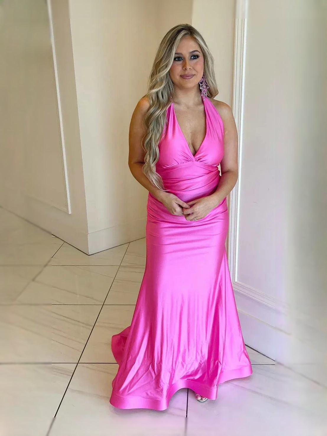 Ruched Draped Backless V Neck Mermaid Maxi Satin Prom Dress for Formal Dance
