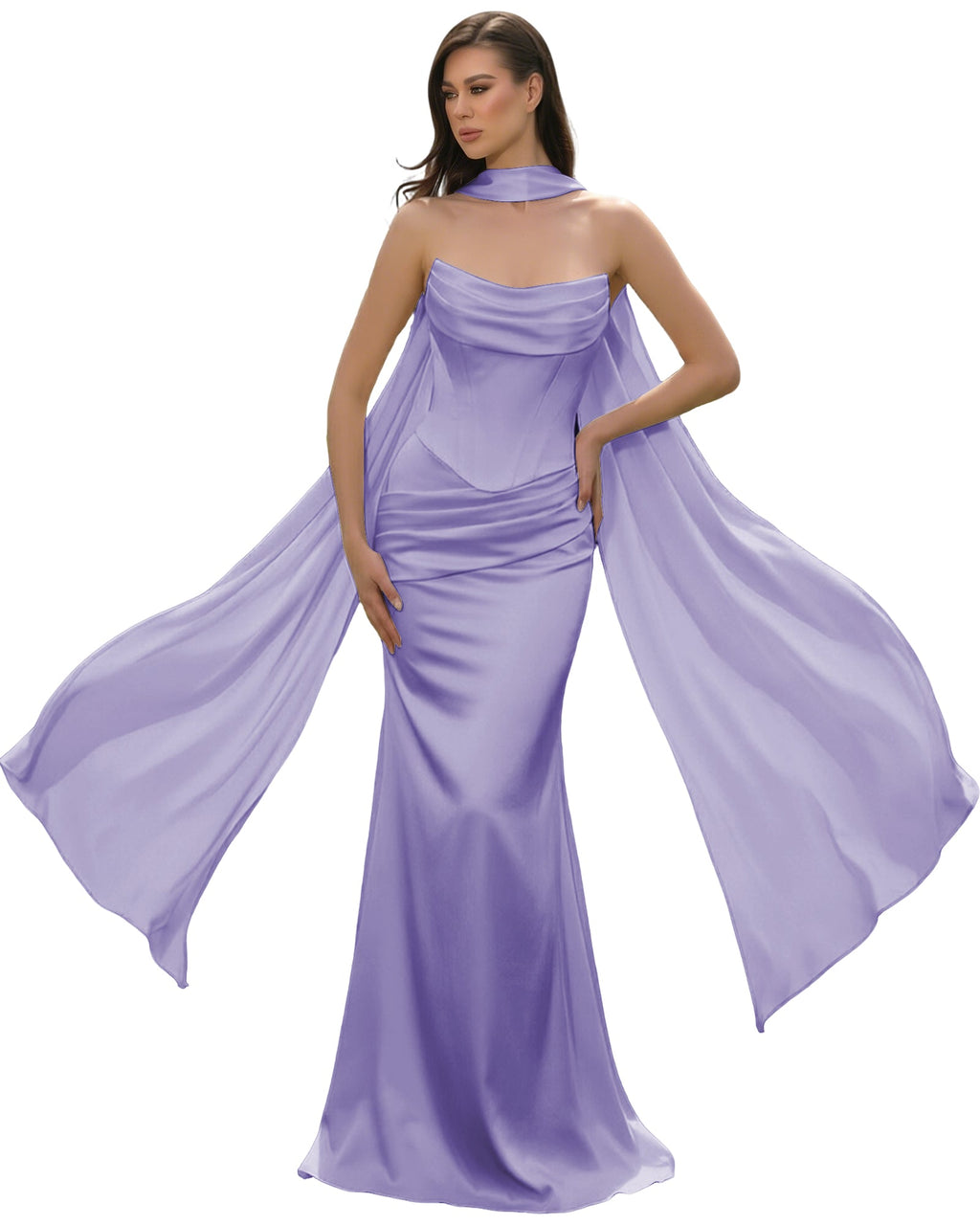 Satin Corset Mermaid Bridesmaid Dress with Cowl Neck and Dramatic Scarf
