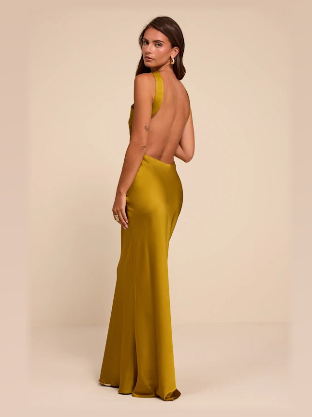 Chartreuse Backless A-Line Maxi Satin Formal Dress for Banquet
