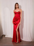 Ruched Draped Slit Sweetheart A-Line Floor-Length Satin Prom Dress for Prom Night