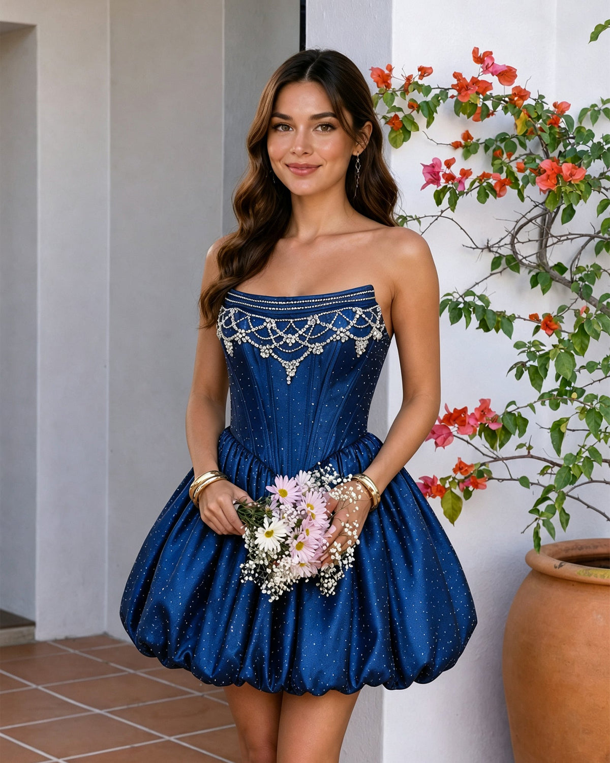 Strapless Beaded Corset Bubble Hem Homecoming Dress
