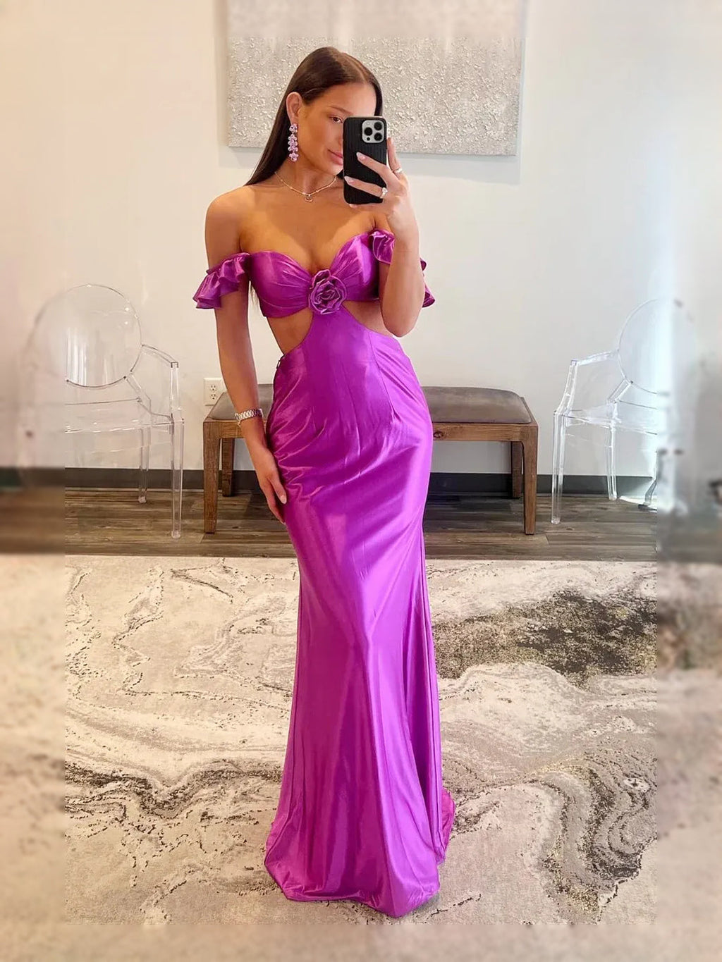 Purple Ruched Draped Floral Ruffled Sweetheart Mermaid Floor-Length Satin Prom Dress for Gala