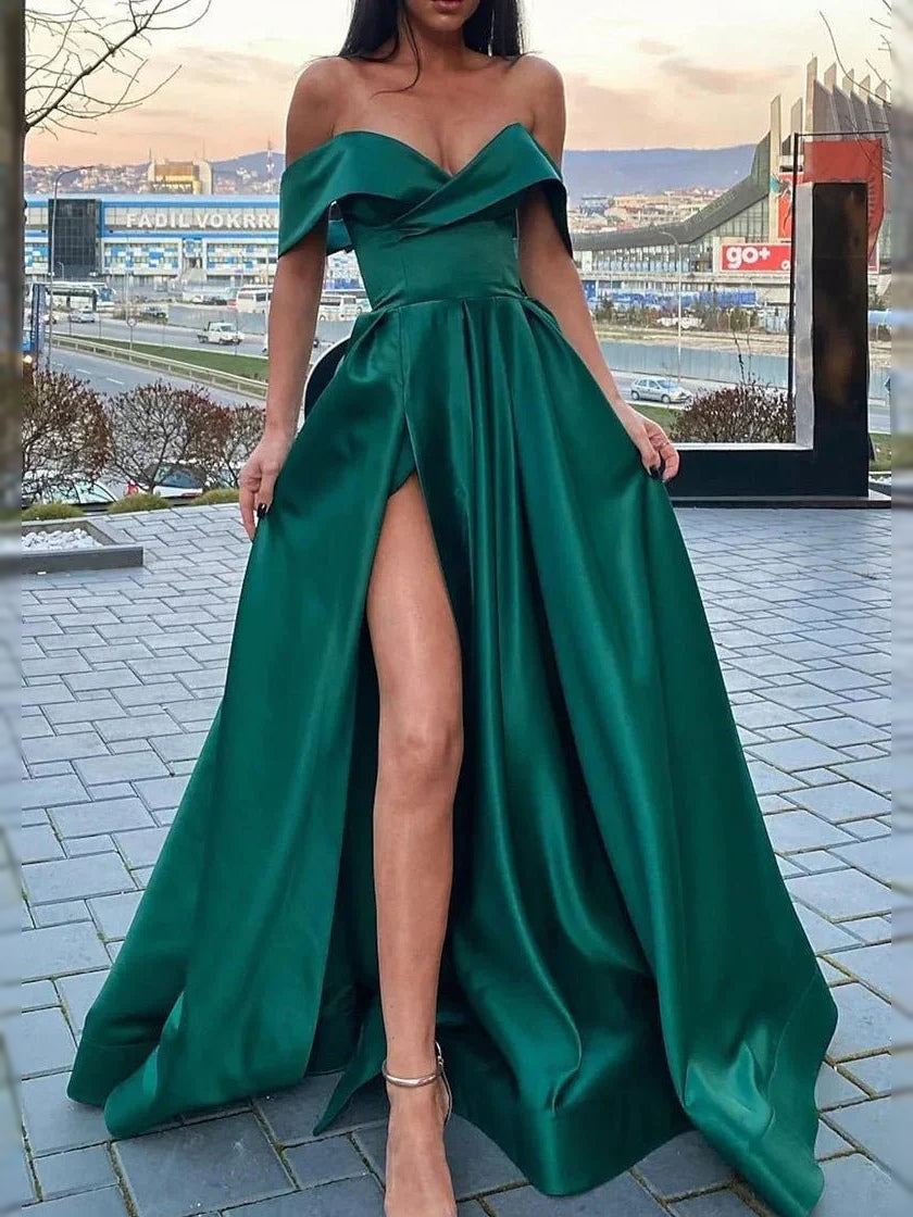 Emerald Green Draped Slit Sweetheart A-Line Maxi Satin Prom Dress for Gala