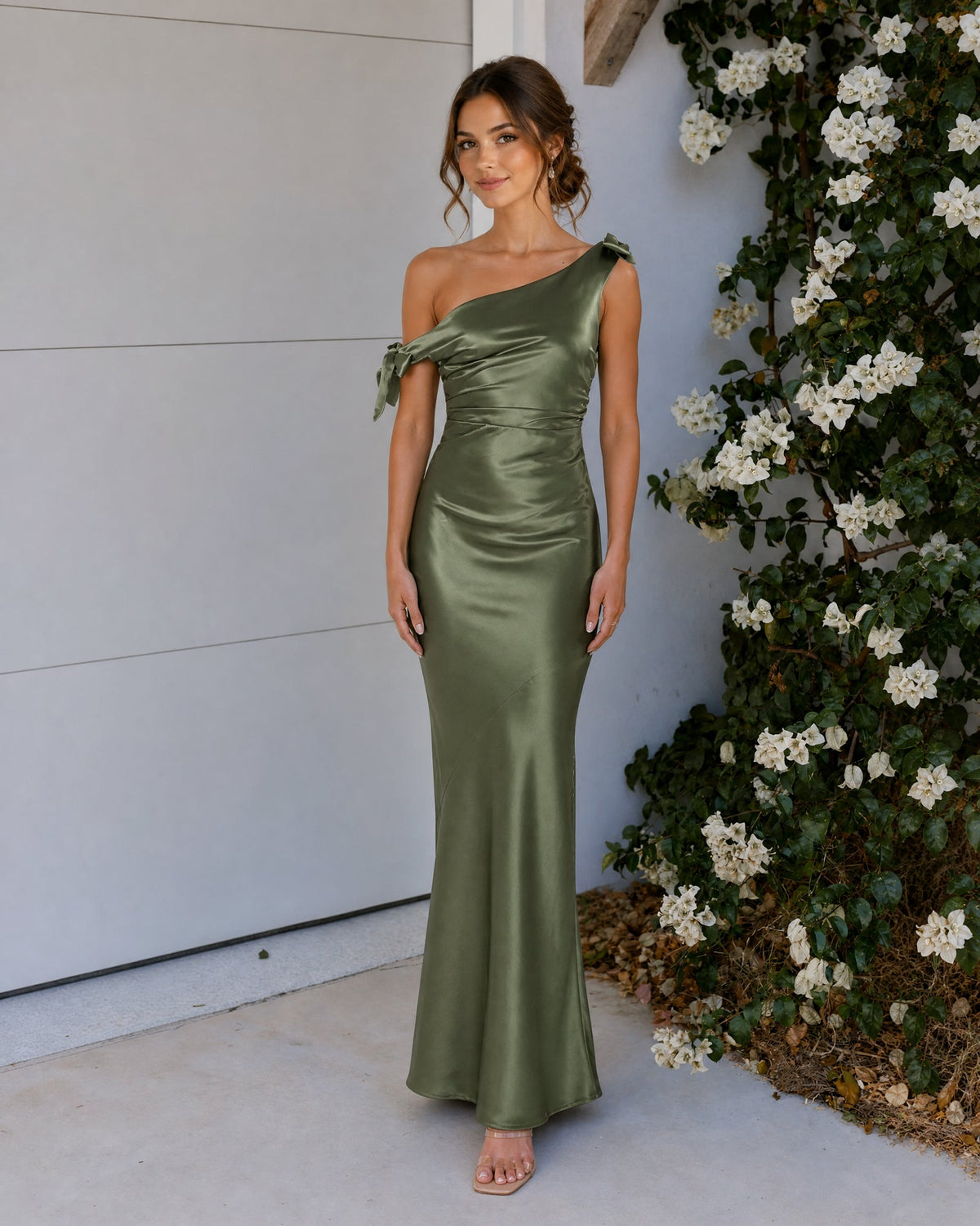 One-Shoulder Cowl Neck Satin Mermaid Bridesmaid Dress with Bow Straps