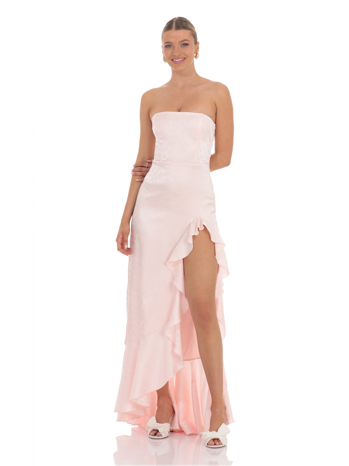 Corset Bow Strapless A-Line Maxi Satin Bridesmaid Dress for Destination Wedding