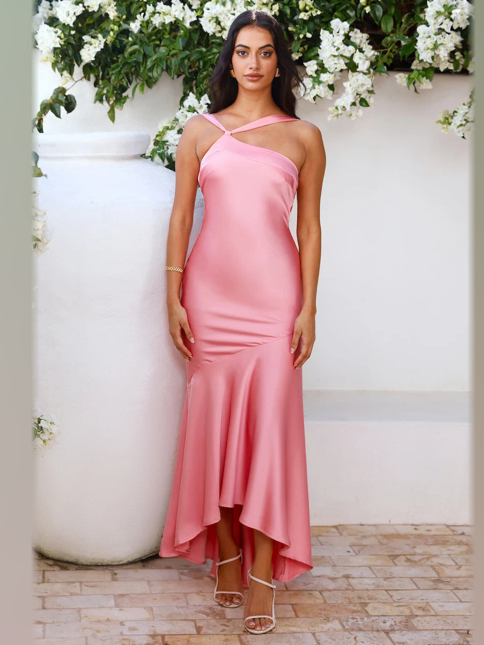 Pink One Shoulder A-Line Maxi Satin Formal Dress for Red Carpet Event
