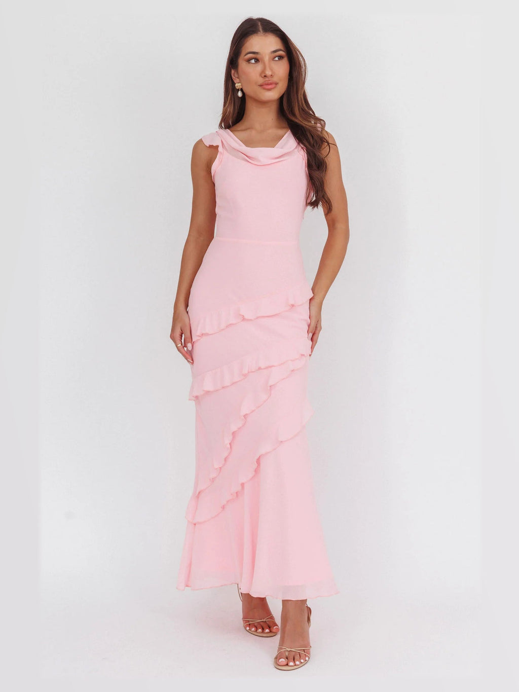 Pink Cowl Neck A-Line Maxi Satin Formal Dress for Museum Gala