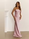 Pink Strapless A-Line Maxi Satin Formal Dress for Birthday Party