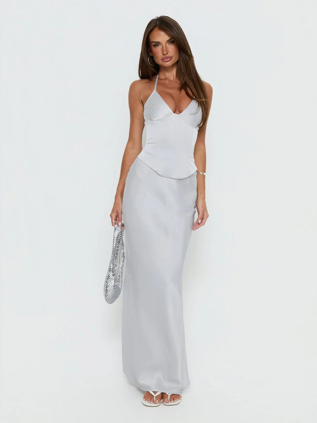 Silver Corset A-Line Maxi Satin Formal Dress for Ceremony Dinner