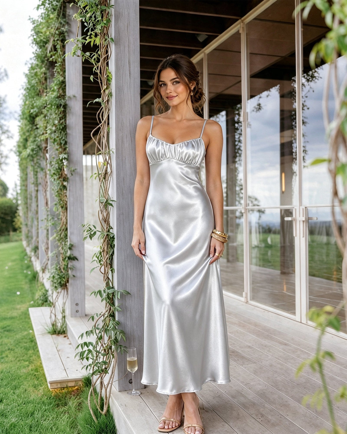 Spaghetti Strap Ruched Bust Satin Bridesmaid Dress with Tie-Back