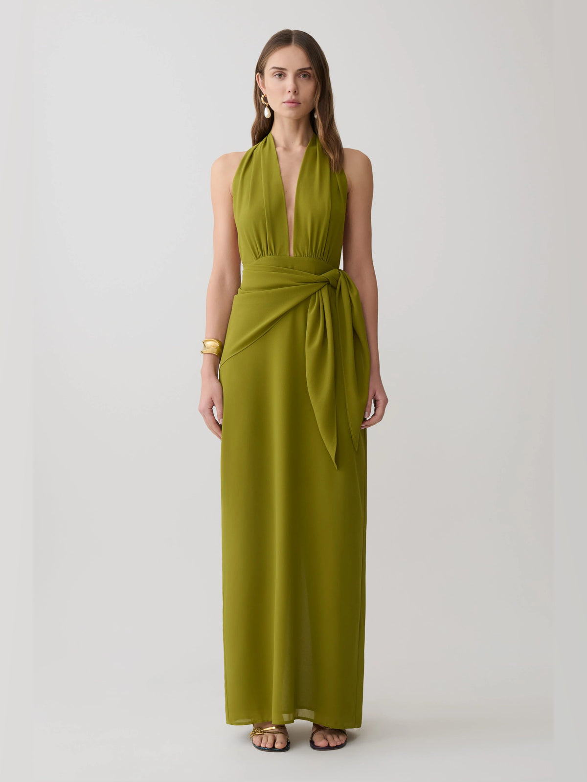 Green Halter Neck A-Line Maxi Satin Formal Dress for City Wedding