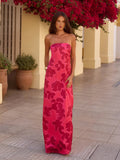 Red Strapless A-Line Maxi Satin Formal Dress for Evening Banquet