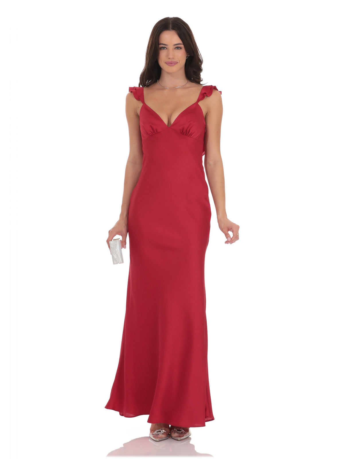 Ruffled A-Line Maxi Satin Bridesmaid Dress for Wedding Ceremony