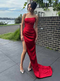 Red Ruched Draped Slit Strapless Mermaid Floor-Length Satin Prom Dress for Ballroom Event