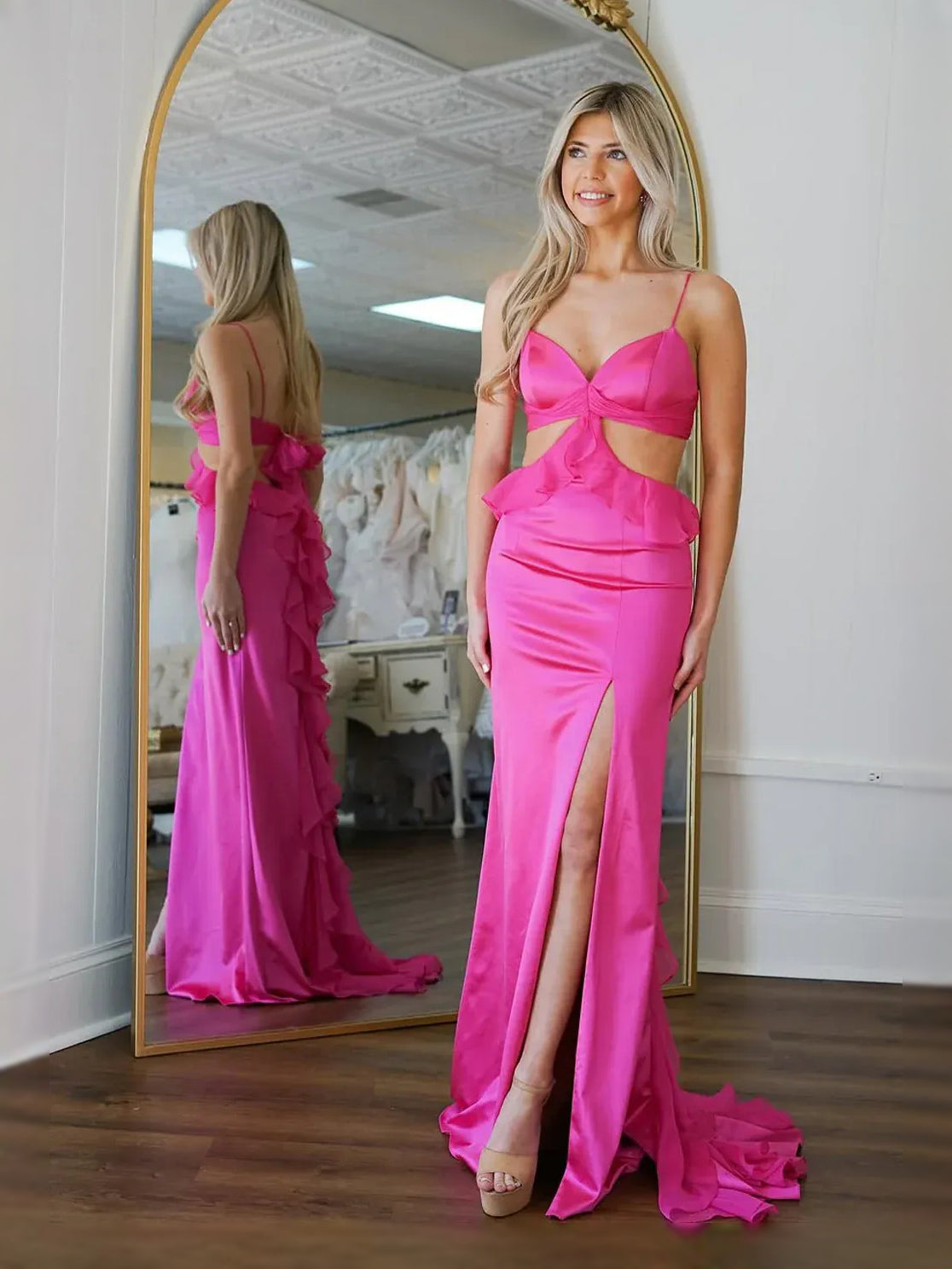 Fuchsia Cut-Out Side-Slit Ruffled Slit Sweetheart Column Floor-Length Satin Prom Dress for Red Carpet Event