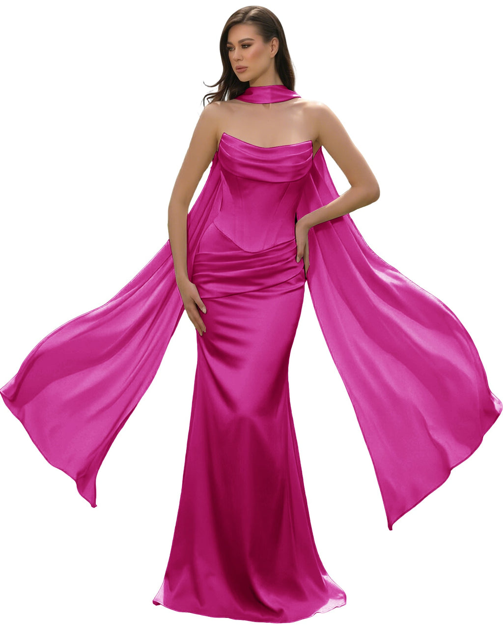 Satin Corset Mermaid Bridesmaid Dress with Cowl Neck and Dramatic Scarf