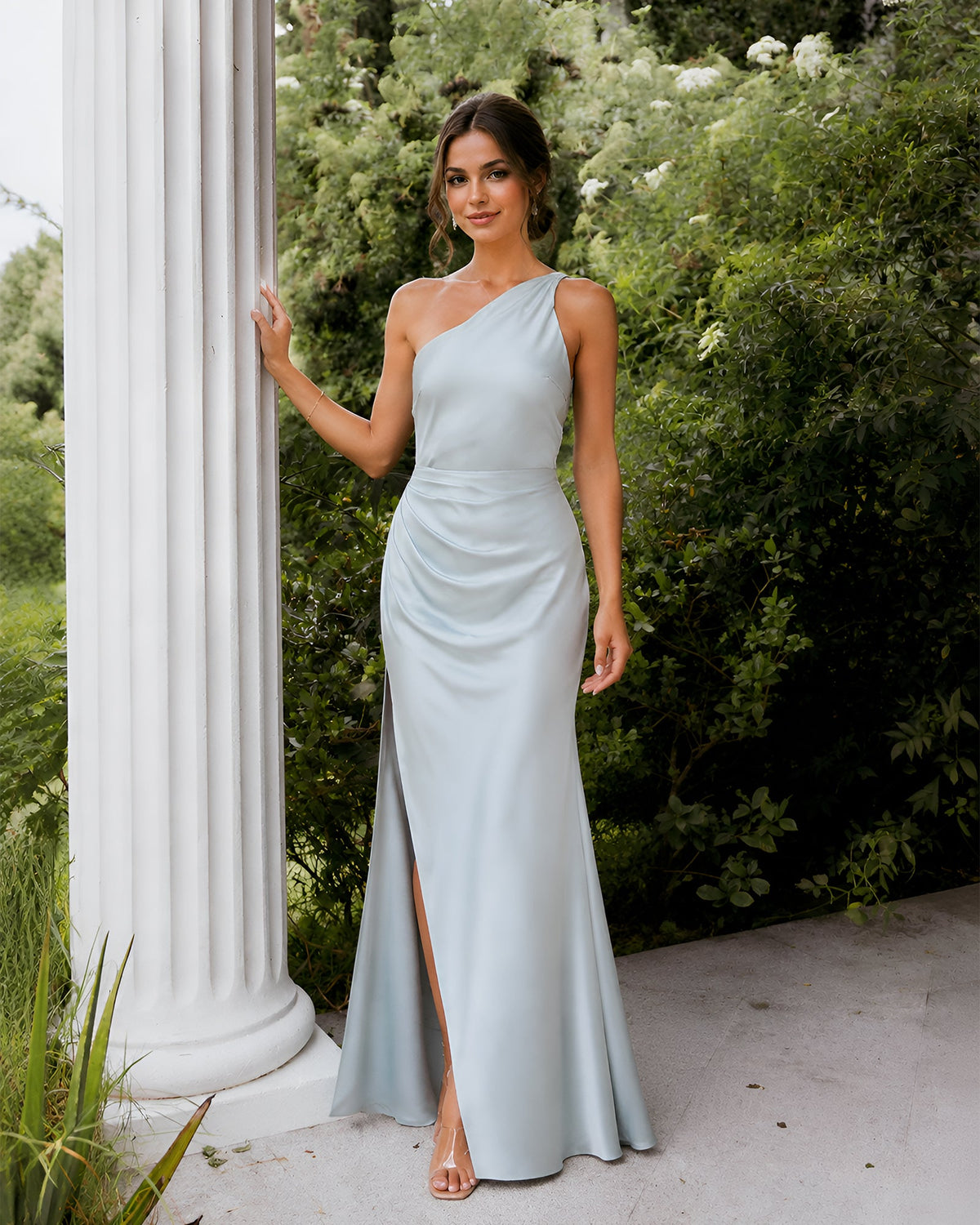 One Shoulder Satin Bridesmaid Gown with Ruched Waist and Side Slit
