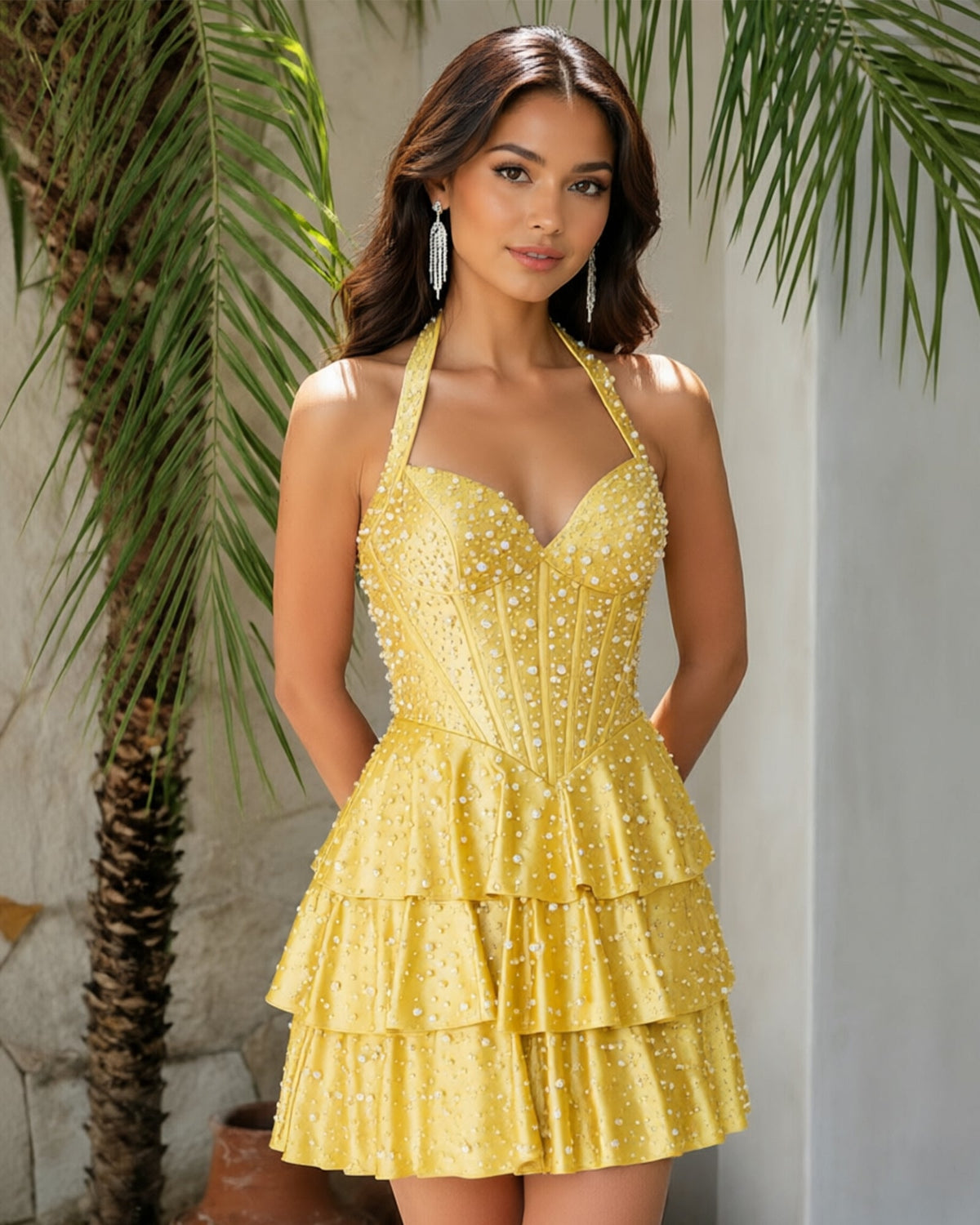 Halter Beaded Corset Tiered Homecoming Dress