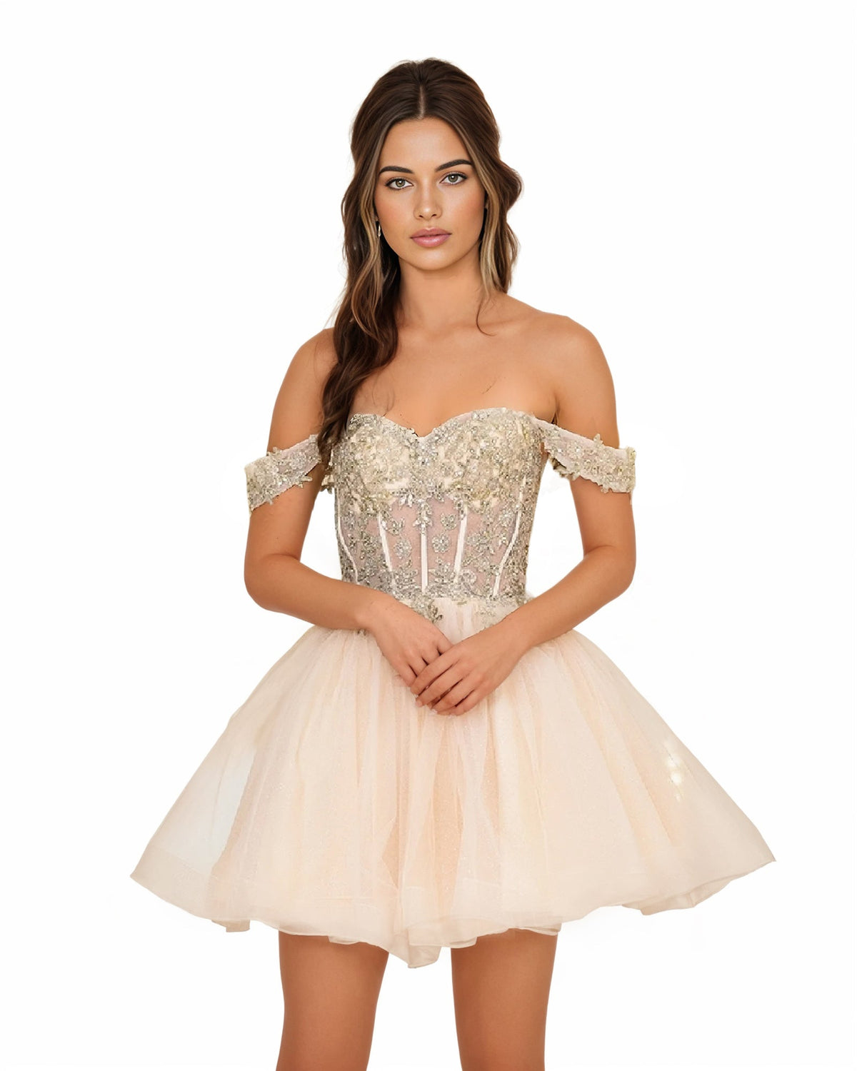Off The Shoulder Sequin Corset Tulle Mini Homecoming Dress