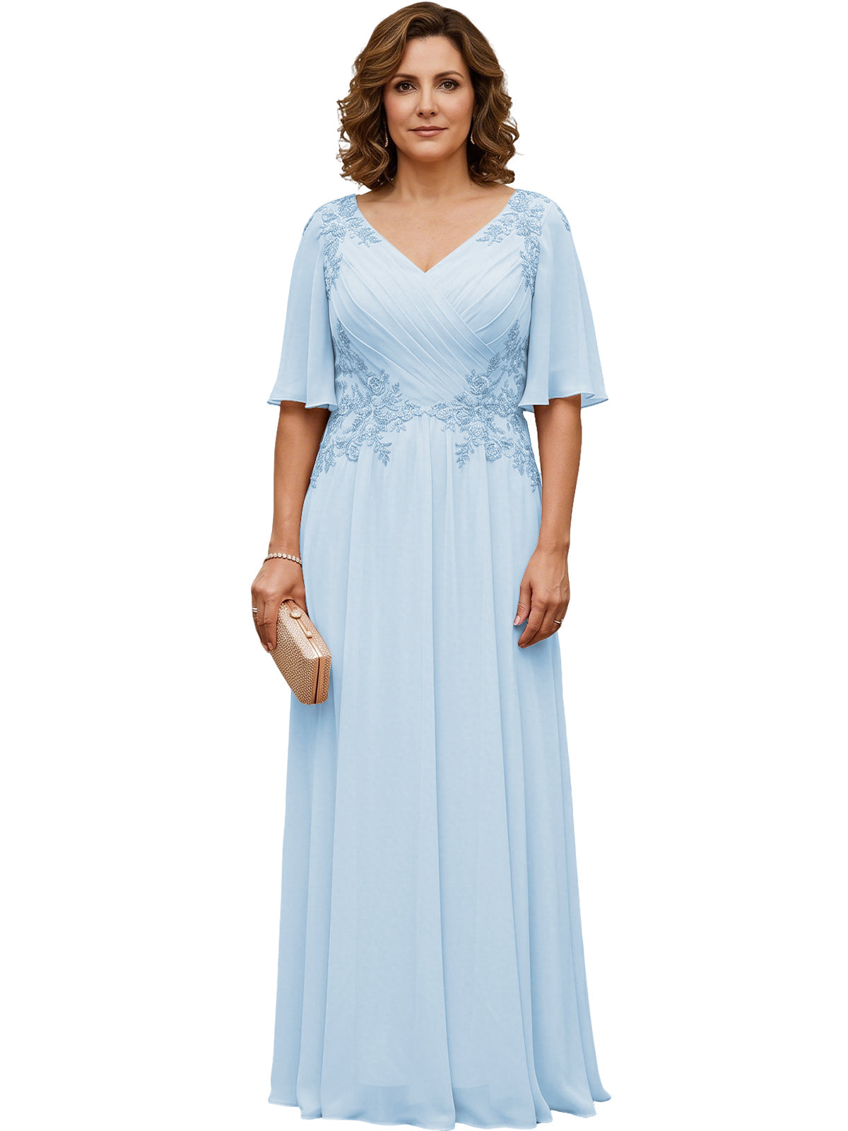 Mother of the Bride Dress Long Chiffon A-Line Gown with Flutter Sleeves and Beaded Lace