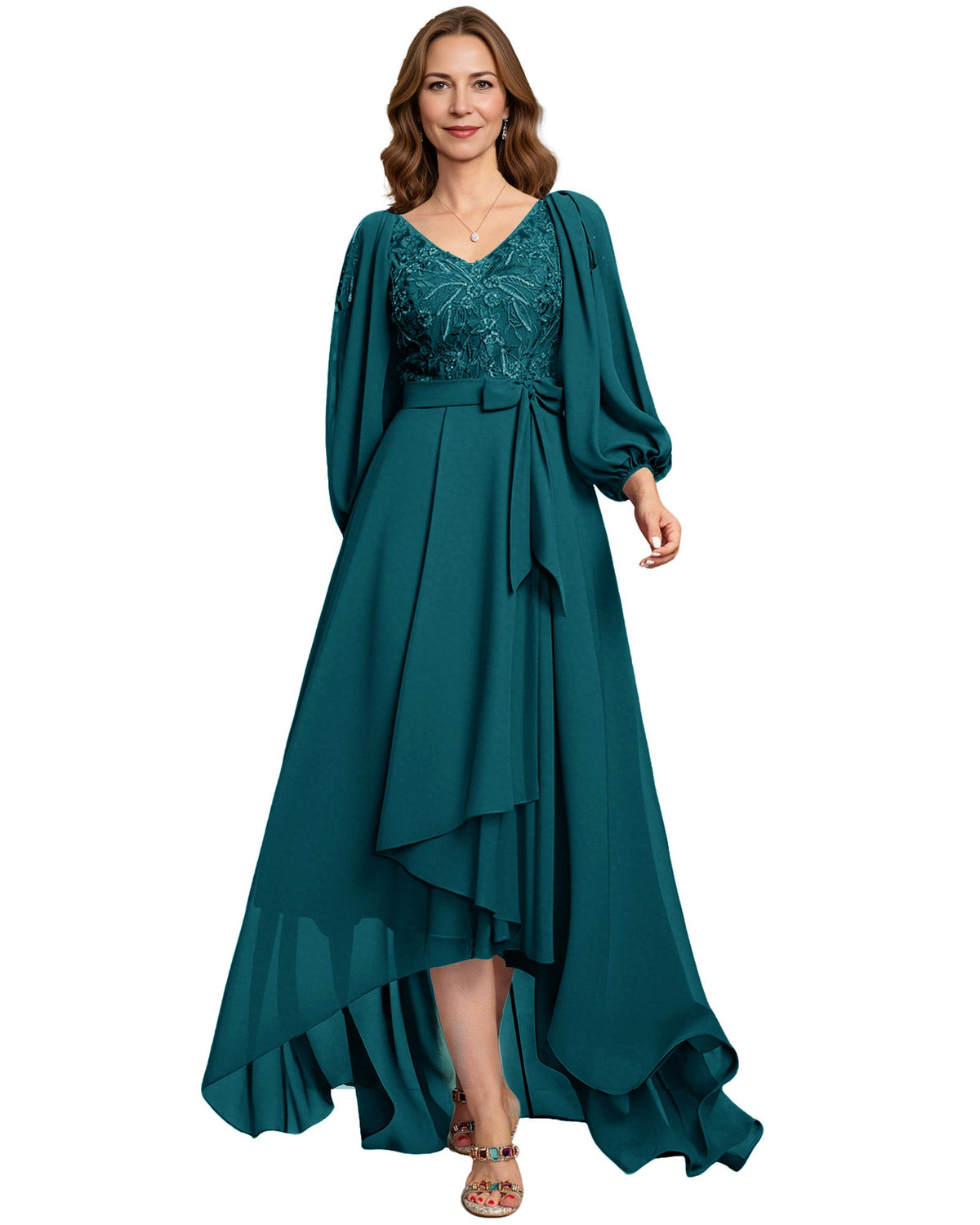 High Low Mother of the Bride Dress Lace Bodice Chiffon Jacket Formal Wedding Gown