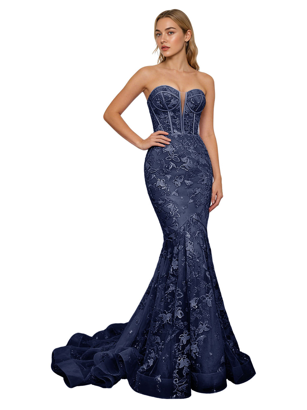 Strapless Lavender Lace Mermaid Prom Dress with Sheer Corset and Train