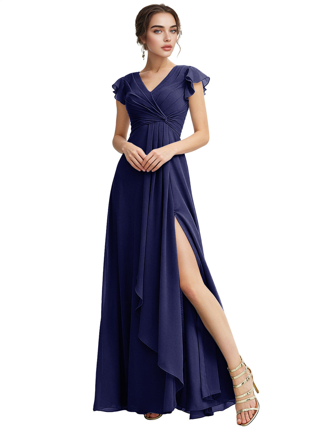 Cap Sleeve Chiffon Bridesmaid Dress with Ruffle V-Neck and Slit