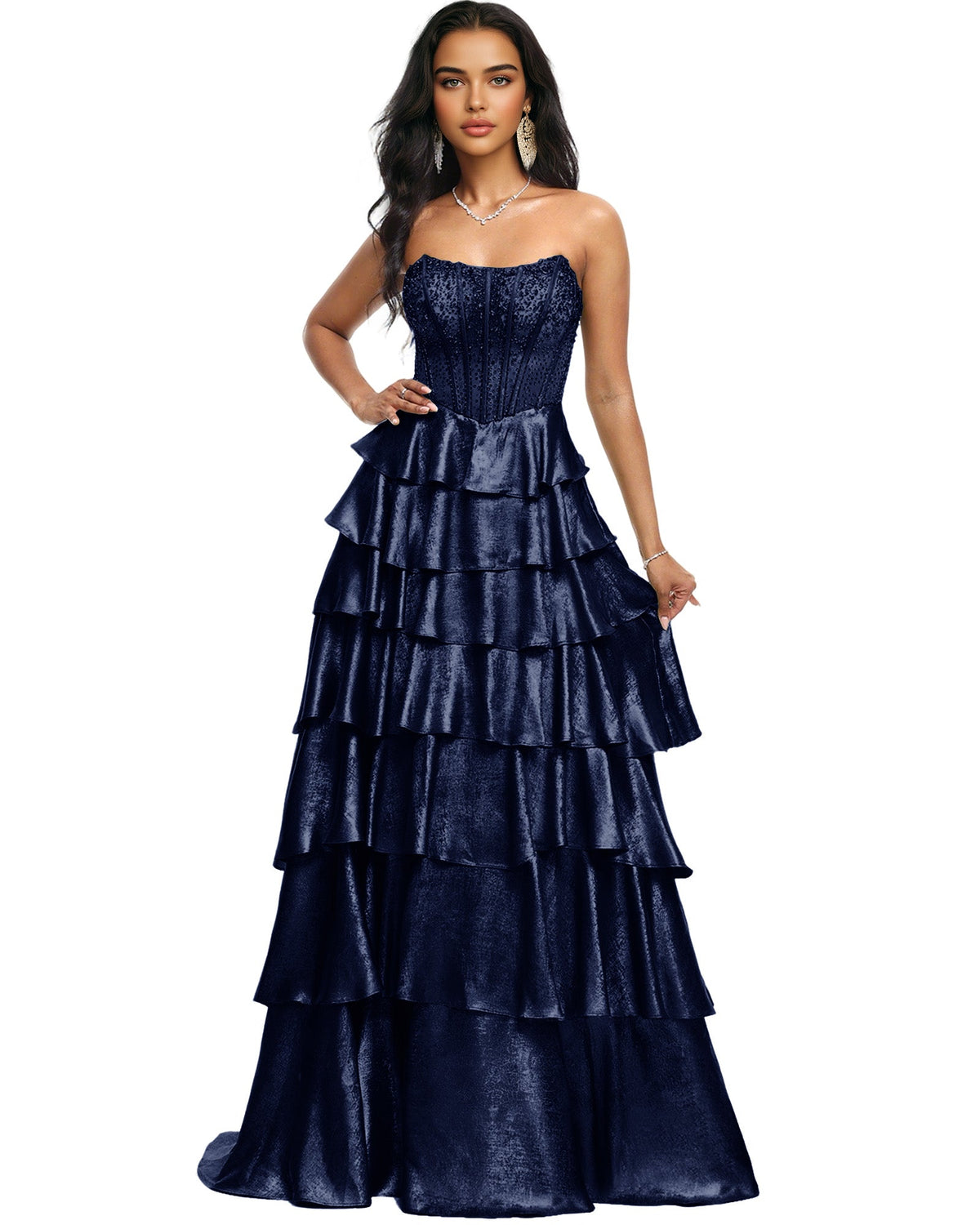 Strapless Tiered Sequin A-Line Prom Dress with Ruffle Layers
