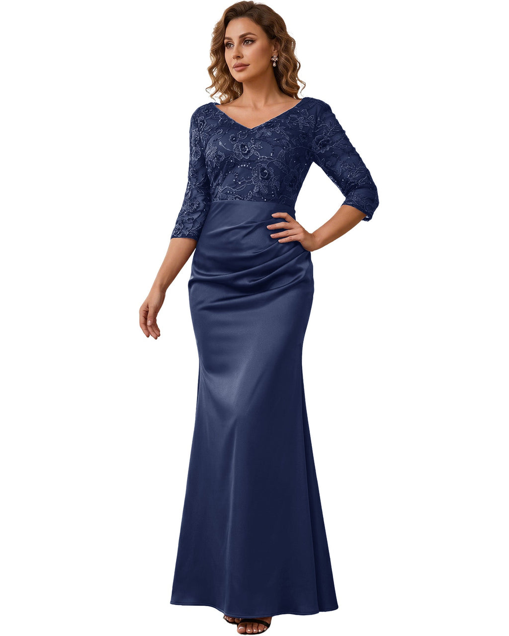 Mother of the Bride Dress Long Lace Mermaid Formal Gown with 3/4 Sleeves
