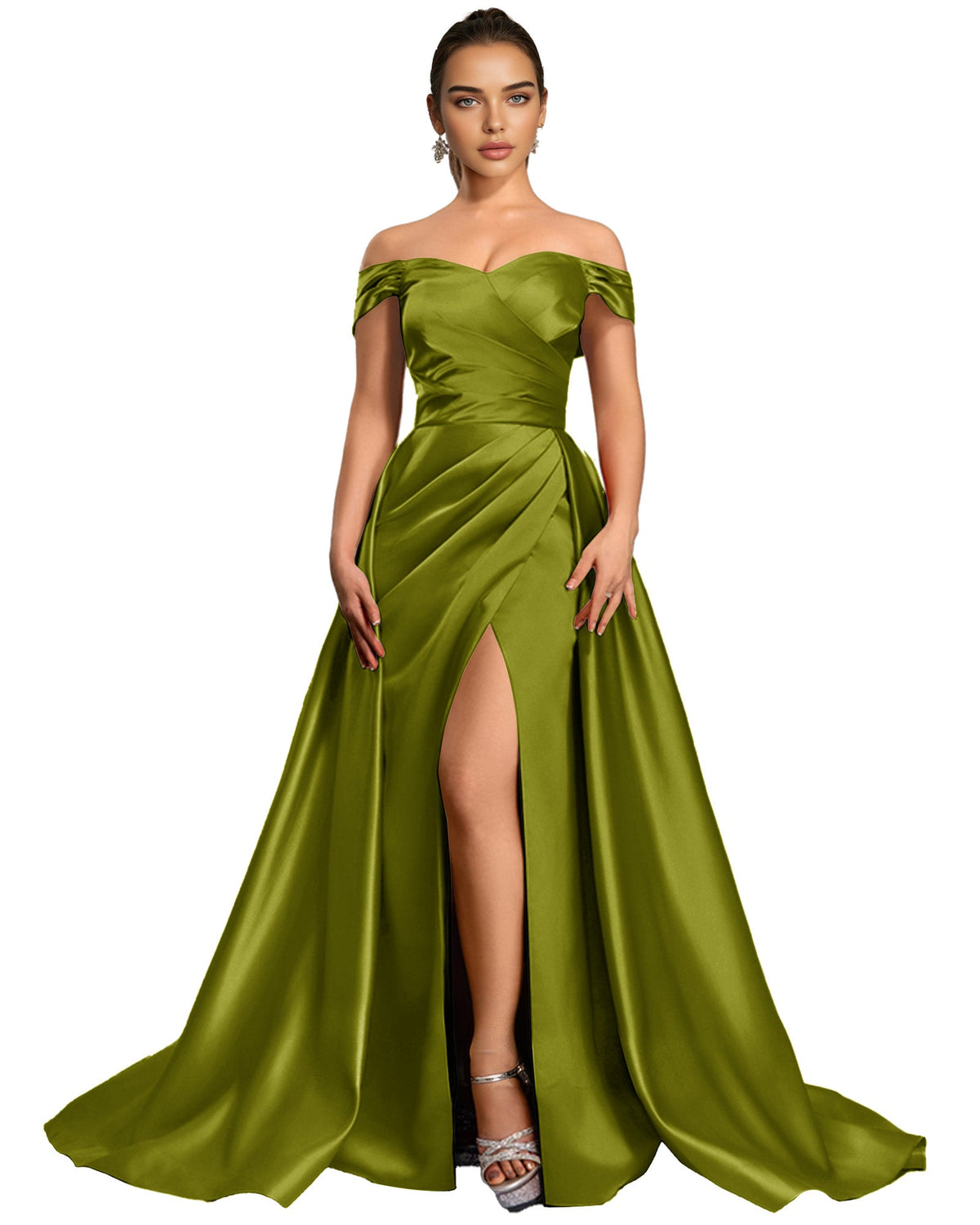 Off Shoulder Satin Ball Gown Prom Dress with Draped Bodice and Slit