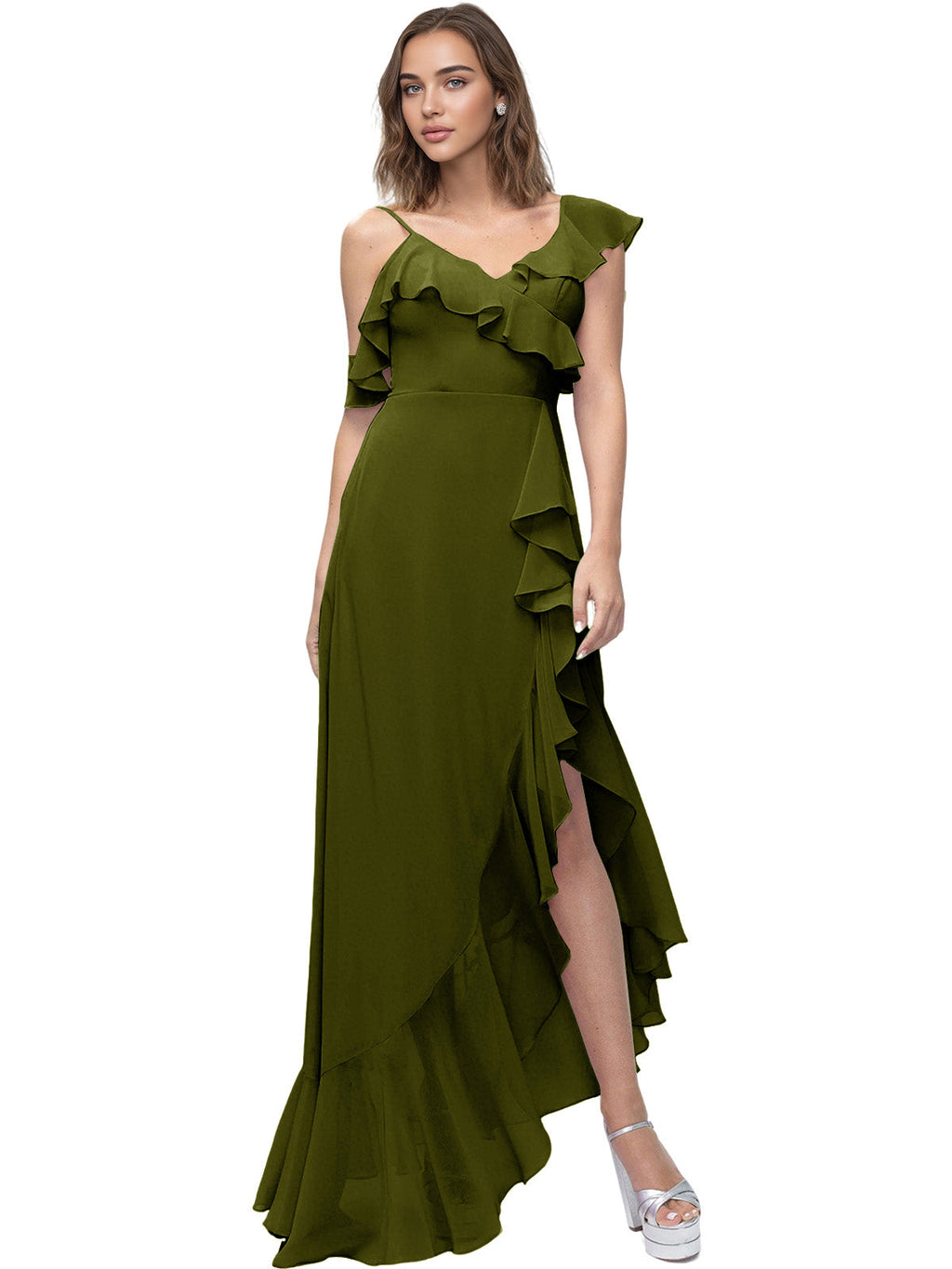 Asymmetrical Ruffle Chiffon Bridesmaid Dress with High Low Slit