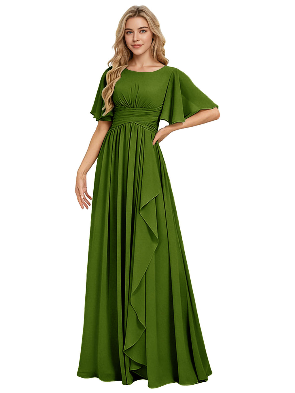 Flutter Sleeve Chiffon Bridesmaid Dress with Tiered Front Ruffle