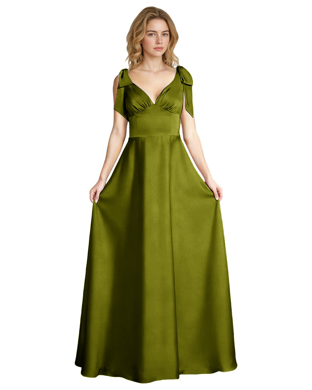 V-Neck Bow Strap Satin Bridesmaid Dress with Empire Waist