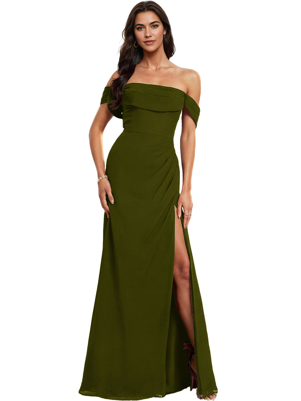 Off Shoulder Crepe Bridesmaid Dress with Foldover Neckline and Slit