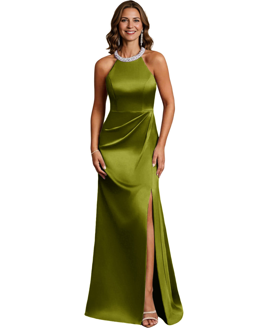 Halter Neck Mother of the Bride Dress Satin Mermaid Gown with Beaded Collar and Slit