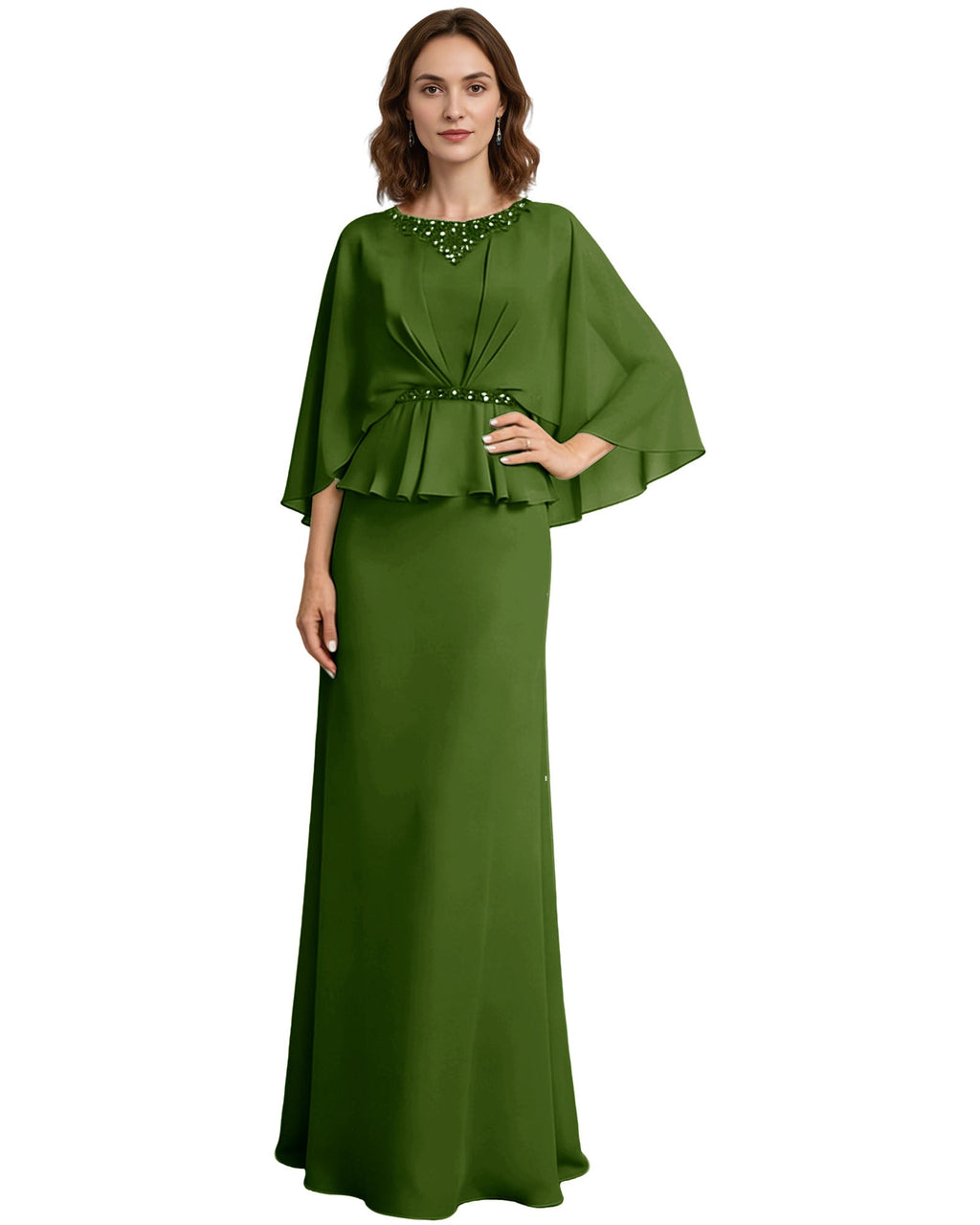 Capelet Mother of the Bride Dress Long Beaded Neck Peplum Chiffon Formal Gown