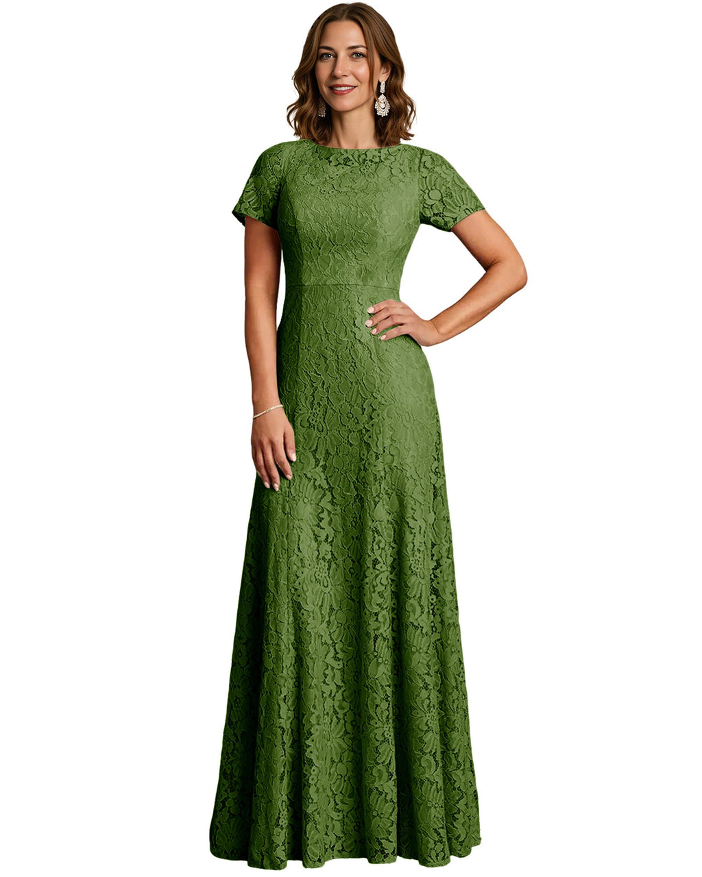 Long Lace Mother of the Bride Dress Short Sleeve Mermaid Gown with Crew Neckline