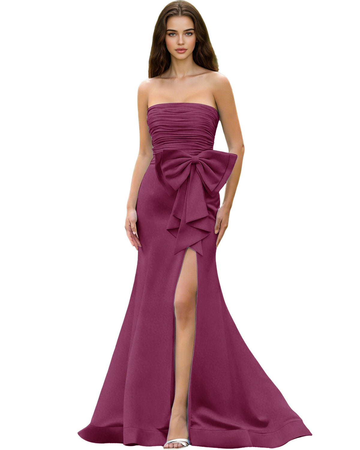 Strapless Bow Detail Satin Prom Dress with Ruched Bodice and Slit