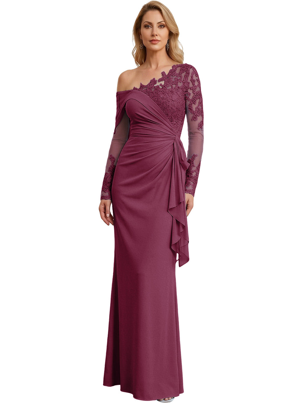 One Shoulder Mother of the Bride Gown Long Lace Sleeve Mermaid Dress with Draped Ruffle
