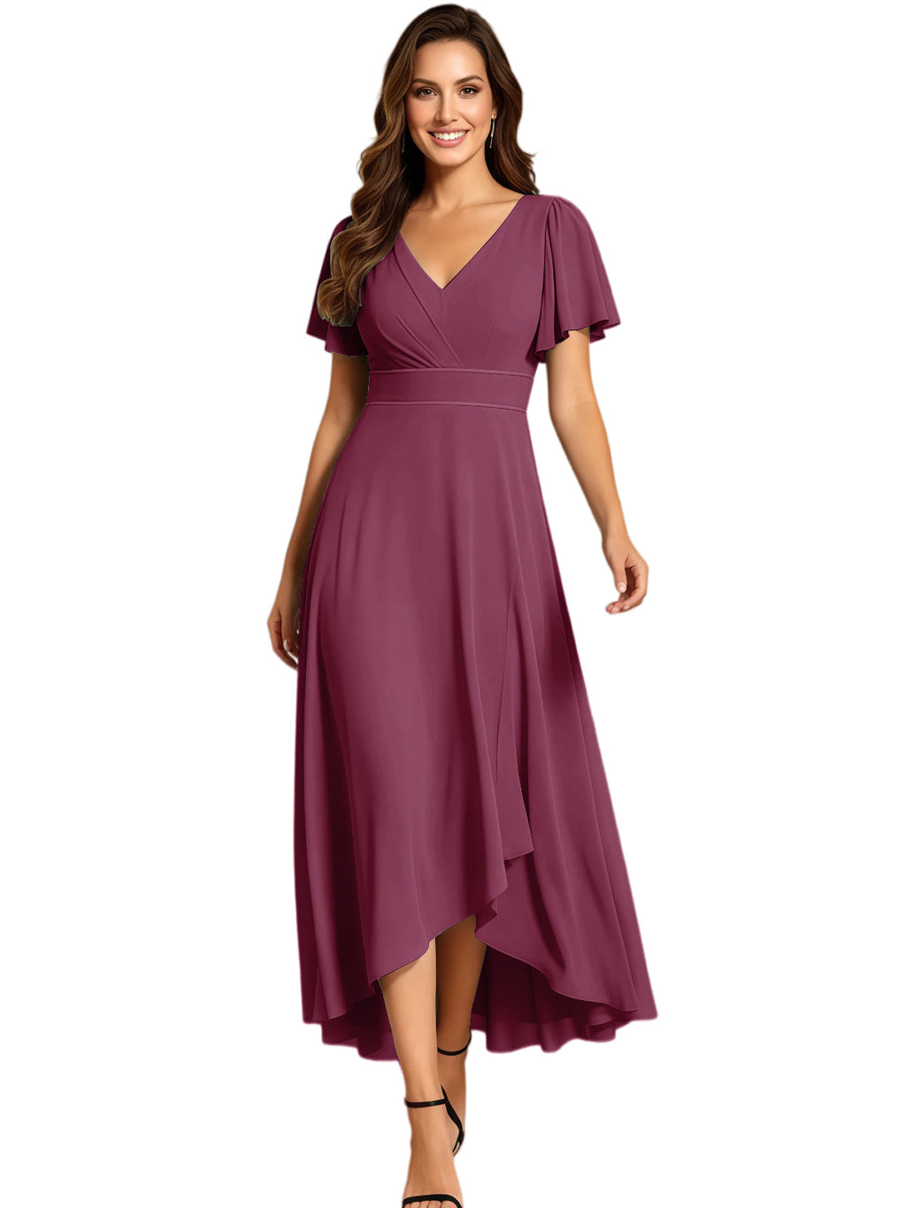 High Low Mother of the Bride Dress V-Neck Flutter Sleeve Chiffon Formal Gown