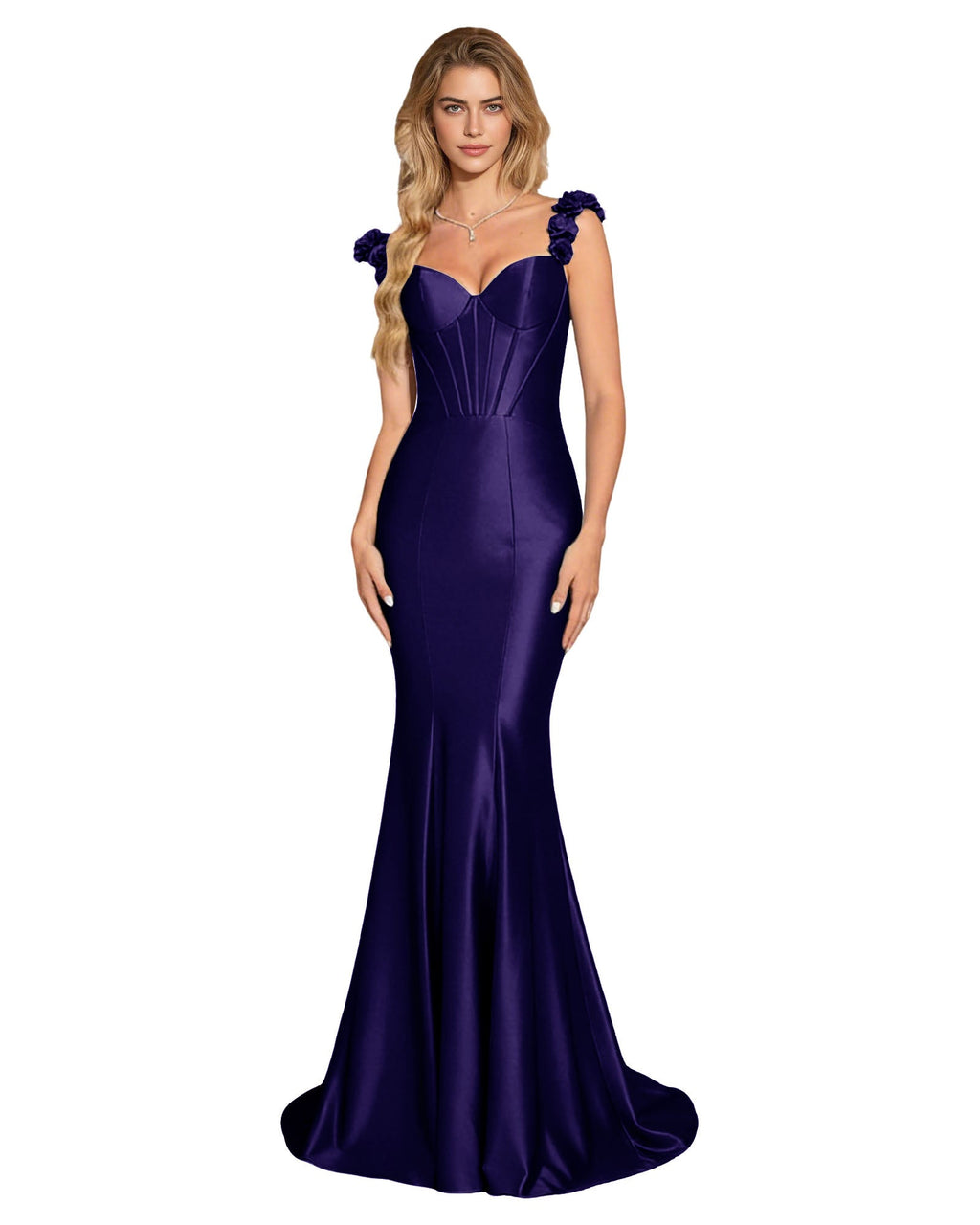 Floral Strap Satin Mermaid Prom Dress with Corset Bodice and Sweep Train