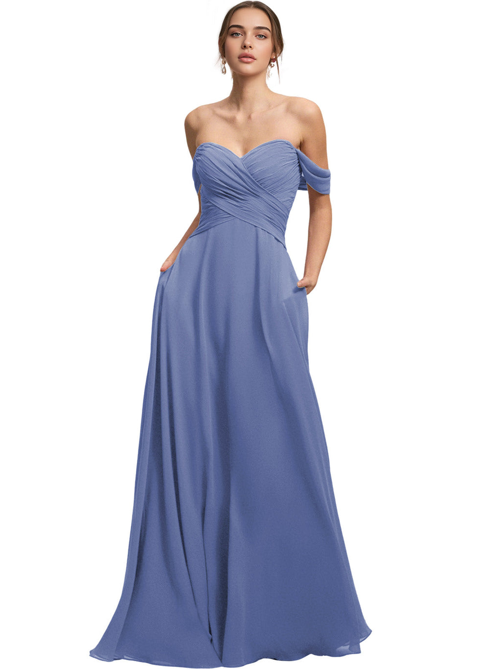 Off Shoulder Chiffon Bridesmaid Dress with Draped Bodice and A-Line Dress