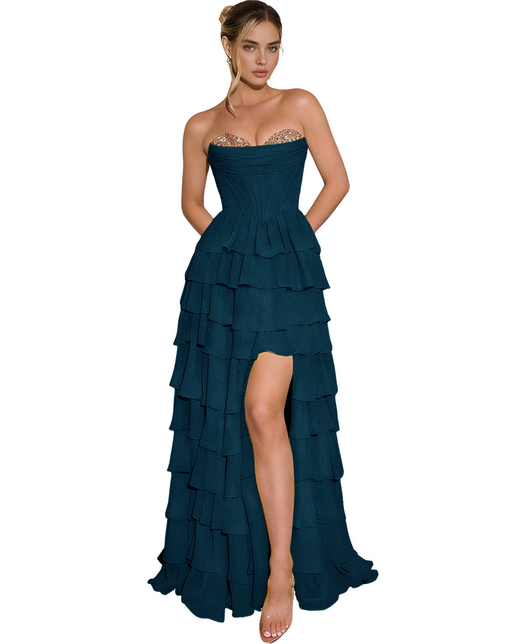 Strapless Layered Tulle Prom Dress with Corset Bodice and High Low Hem