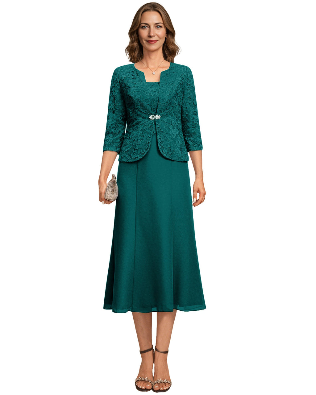 Tea Length Mother of the Bride Dress Lace Jacket Chiffon A-Line Wedding Guest Outfit