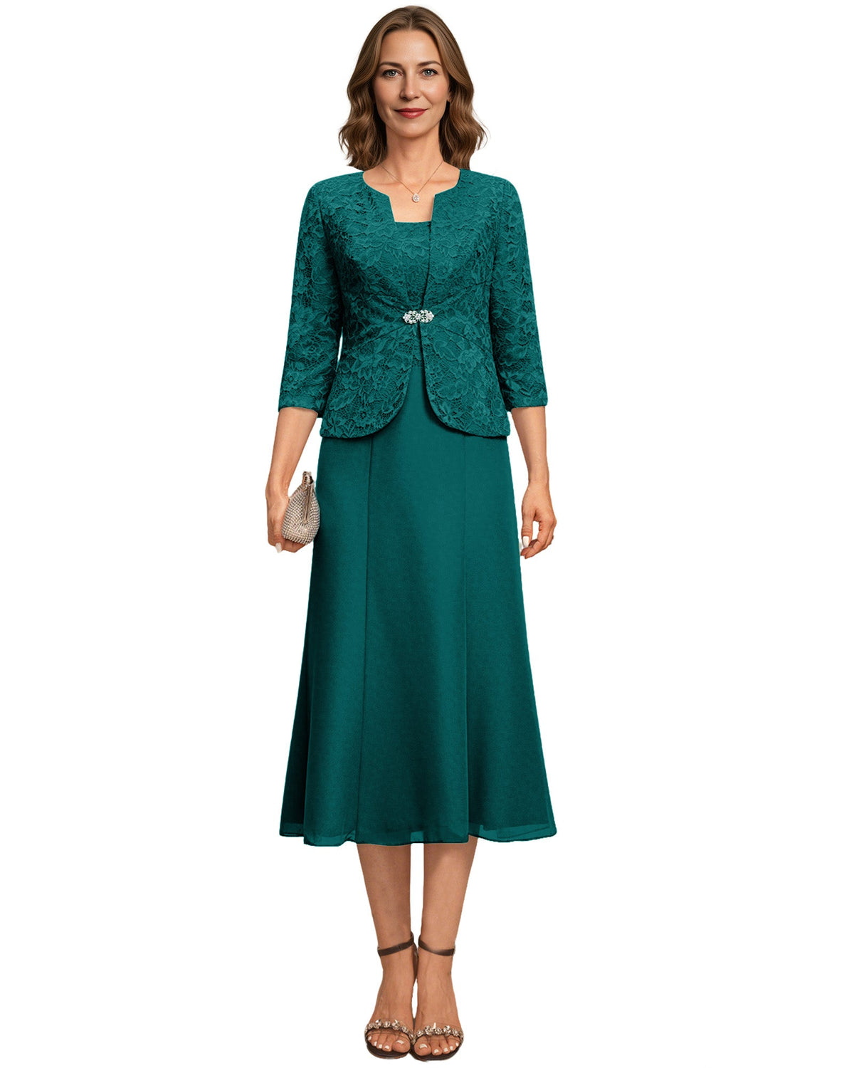 Tea Length Mother of the Bride Dress Lace Jacket Chiffon A-Line Wedding Guest Outfit