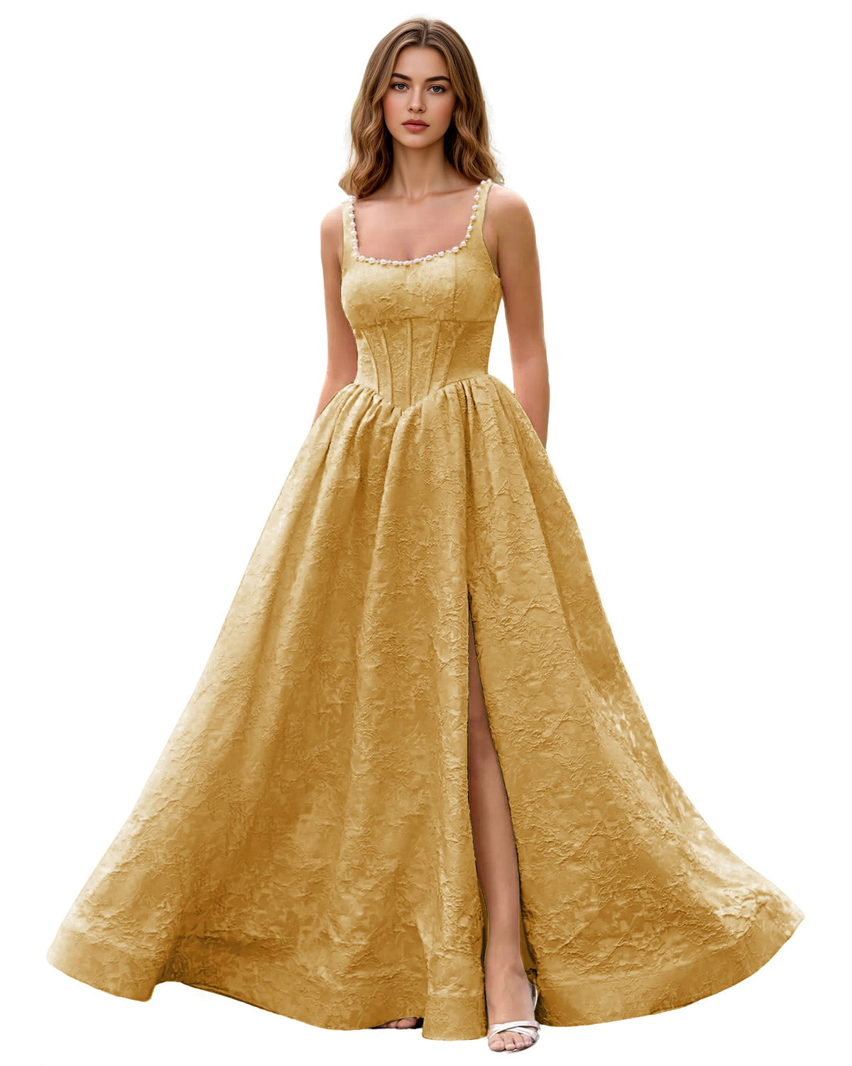 Square Neck Jacquard Ball Gown Prom Dress with Wide Straps and Pockets
