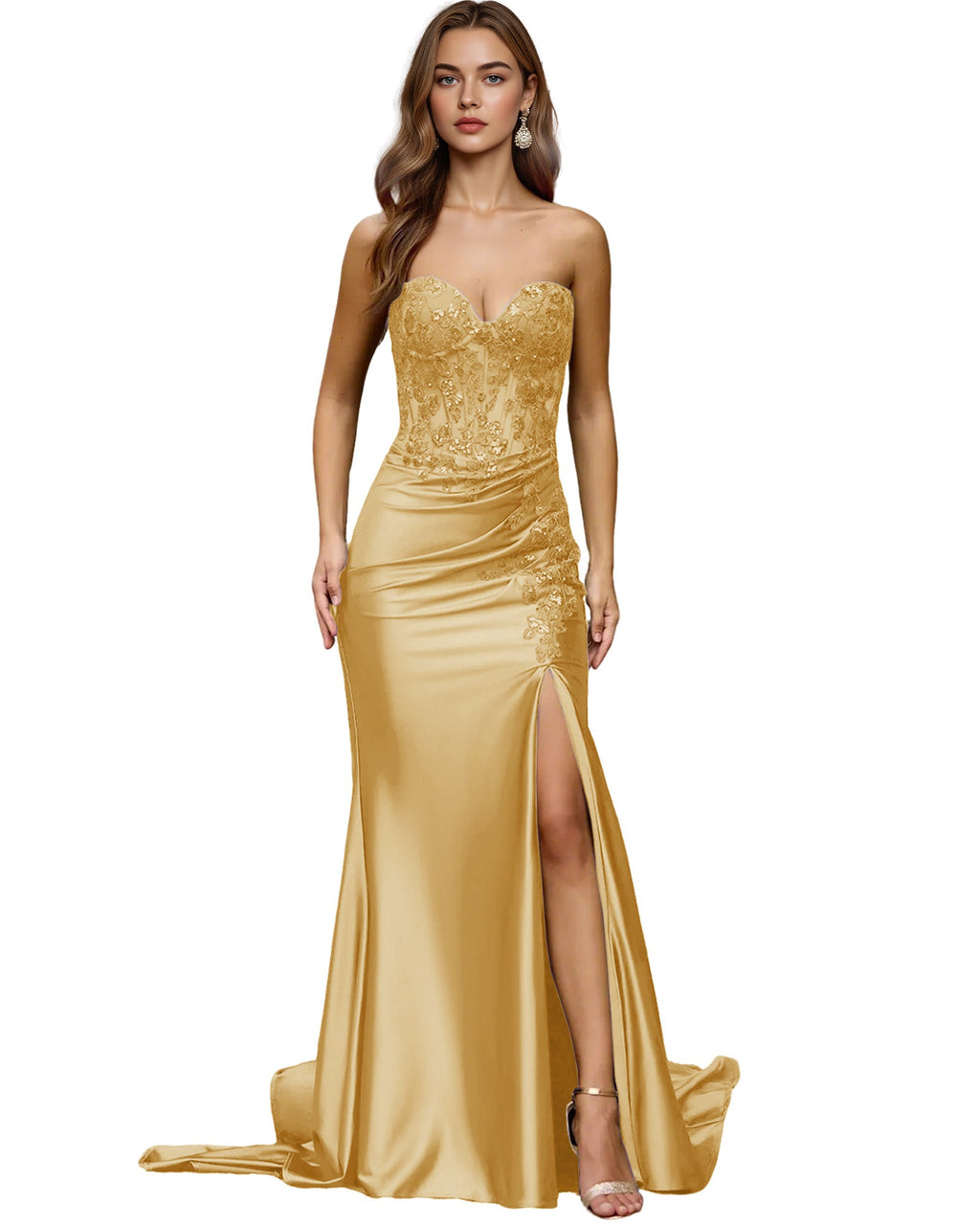 Strapless Emerald Satin Mermaid Prom Dress with Beaded Bodice and Slit